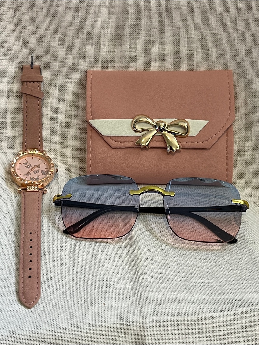 Rimless Gradient Pink Sunglasses with Matching Bow Accent Wallet and Watch